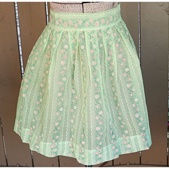 Vintage Apron Chiffon Green Floral Half Apron 1950s - Picture 1 of 4